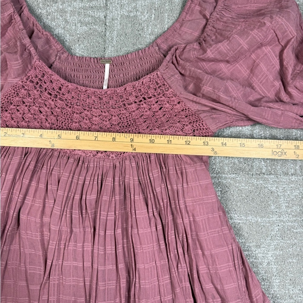 Free People Ari Mini Dress Smocked Babydoll Balloon Sleeve Mauve Boho Sz XS - Picture 3 of 6